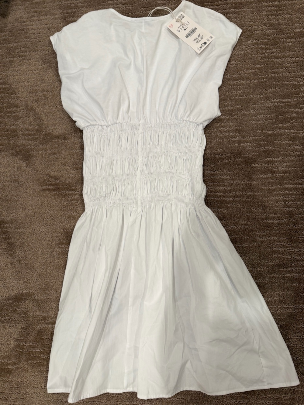 Zara White Smocked Cotton Mini Dress